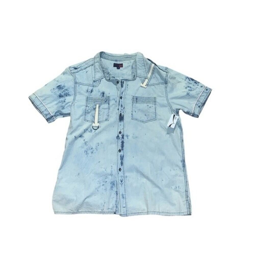 NWT SYN Jeans Twill Trim Men’s Short‎ Sleeve Button Down Denim Shirt Size XL